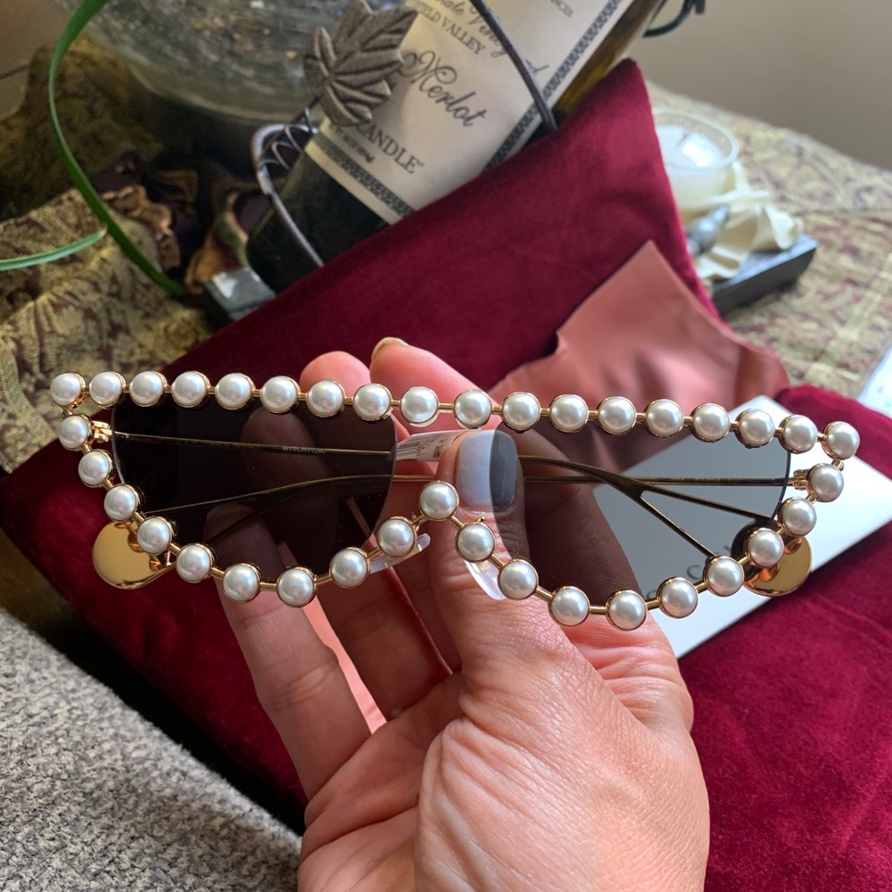 🔥SALE🔥RARE Authentic GUCCI 53 cat "HOLLYWOOD COLLECTION " metal/pearls sunglasse - Picture 3 of 13